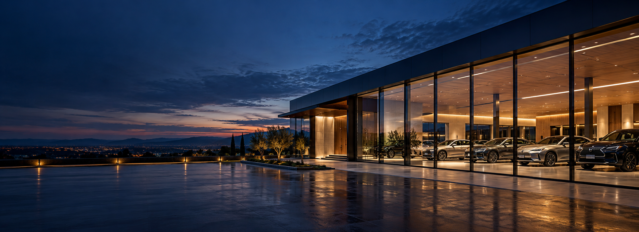 Illustrative view of a modern automotive dealership at dusk