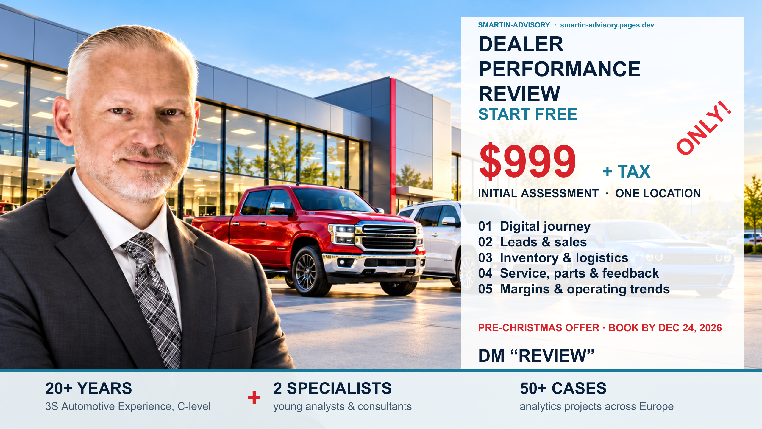 Illustrated portrait of Vasily Smertin with five dealer review areas and the USD 999 plus tax offer