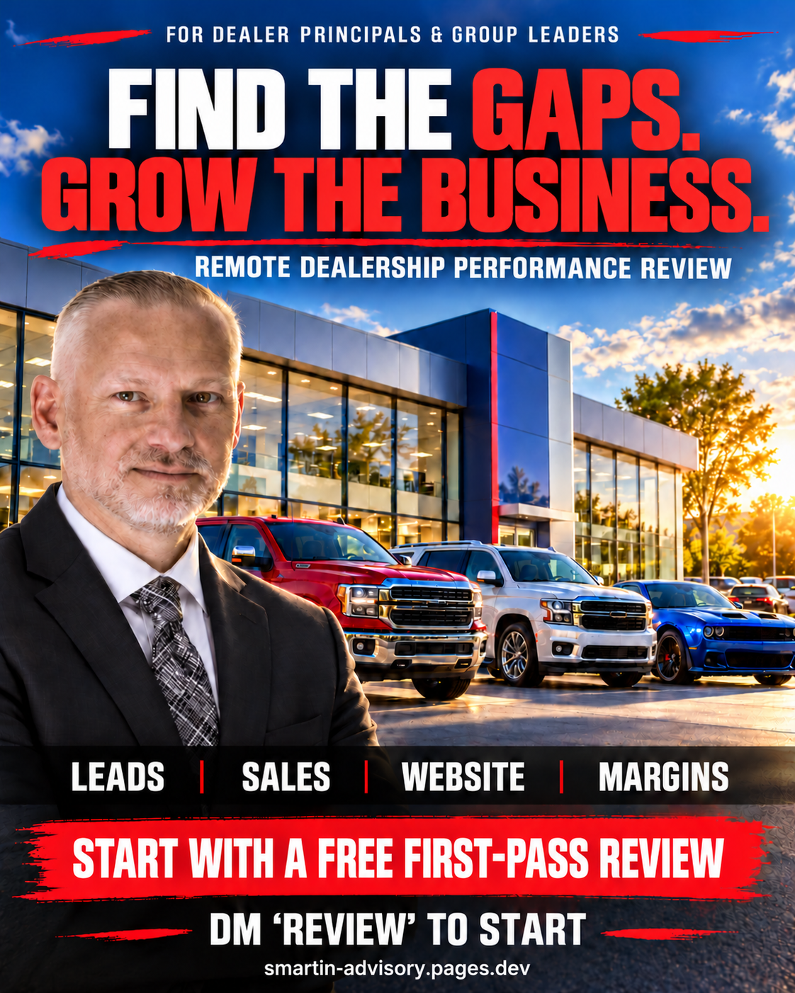 Illustrated portrait of Vasily Smertin beside an American-style dealership; invitation to a free first-pass review
