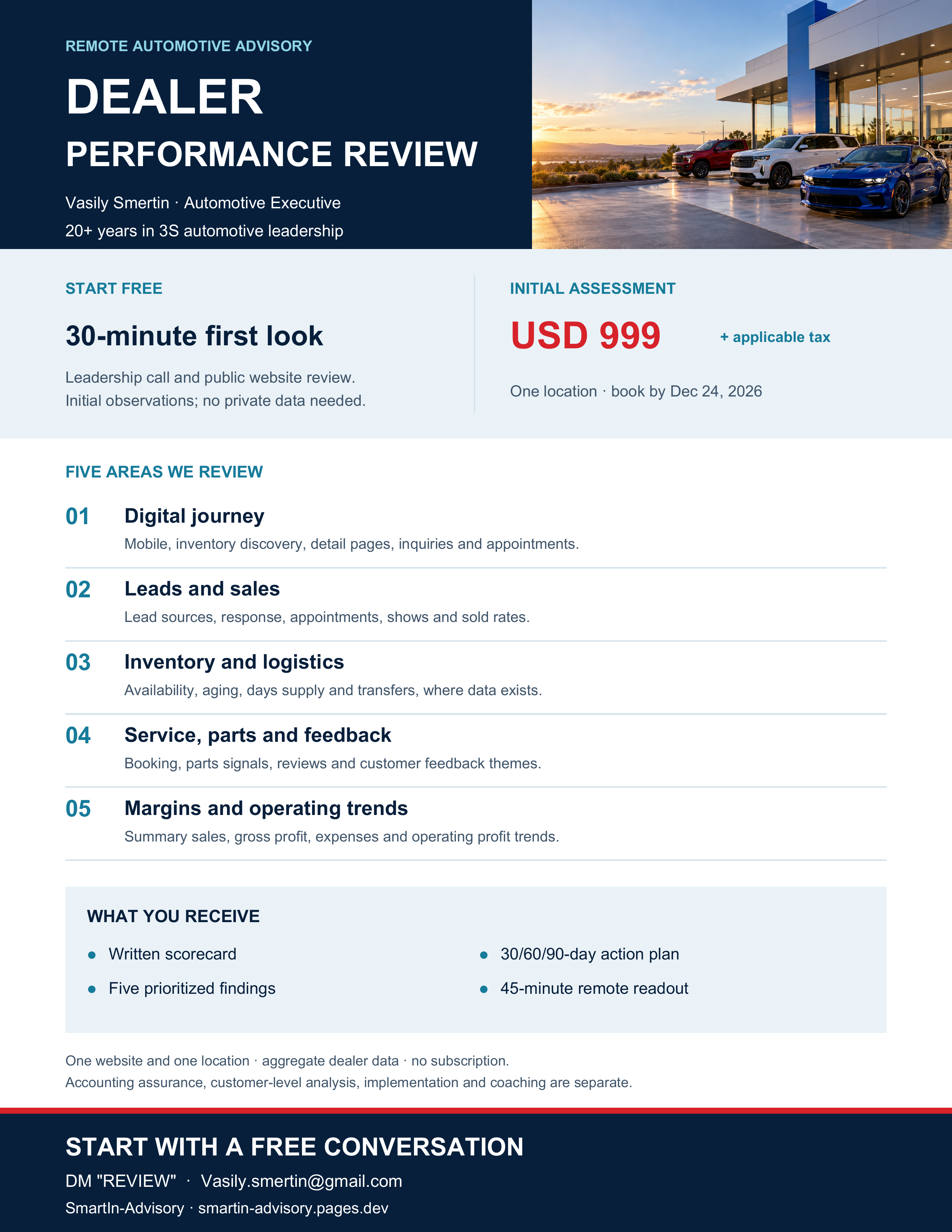 One-page Dealer Performance Review service sheet with five assessment areas and USD 999 plus tax offer