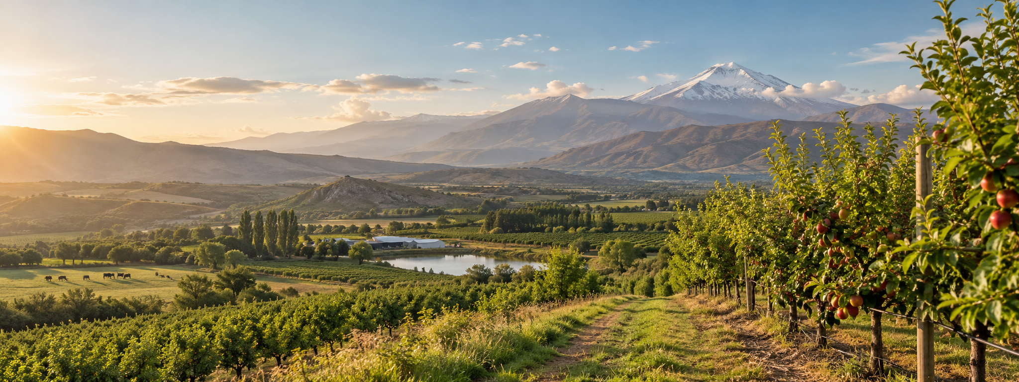 Illustrative orchard landscape with distant pasture and mountains